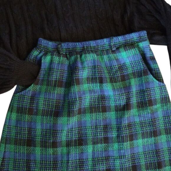 VTG Green Blue Plaid High Rise Pull On Wool Blend Midi Skirt Size 14 (*Large) - Picture 10 of 15